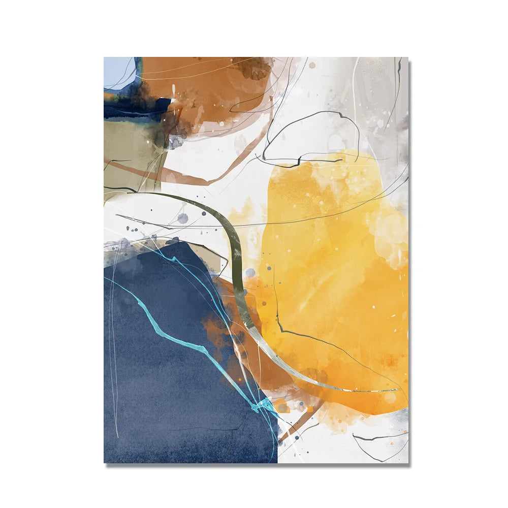 Abstract art print with blue, orange, and beige colors on a white background