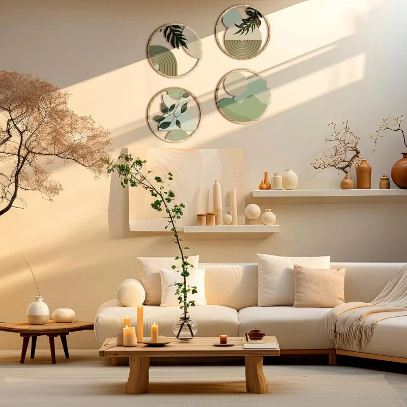 Modern living room with a white sofa, wooden coffee table, and decorative wall art.