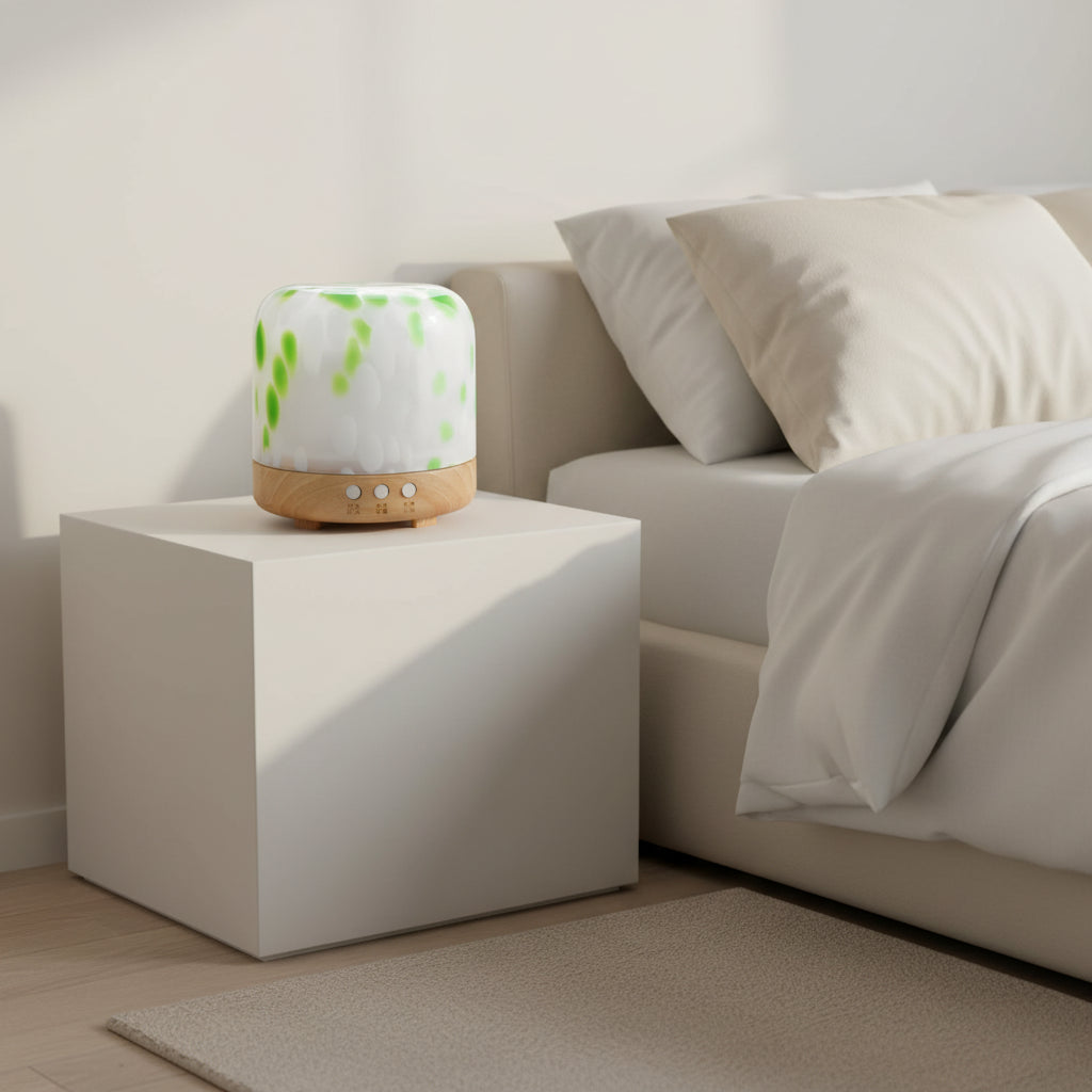 Aromatherapy diffuser with a white and green pattern on a white background