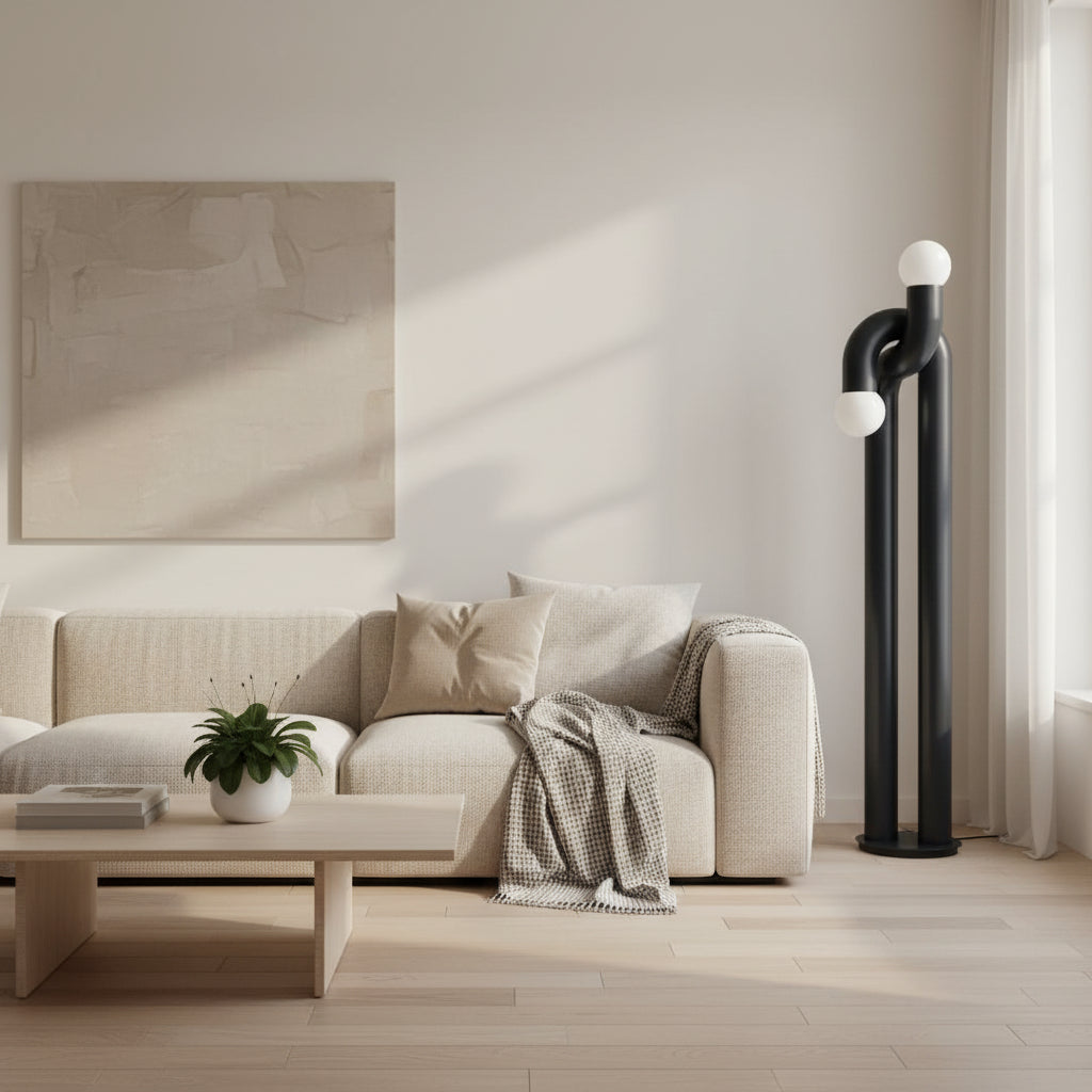 Navy Blue sculptural floor light fixture with glass globe shades, 185cm