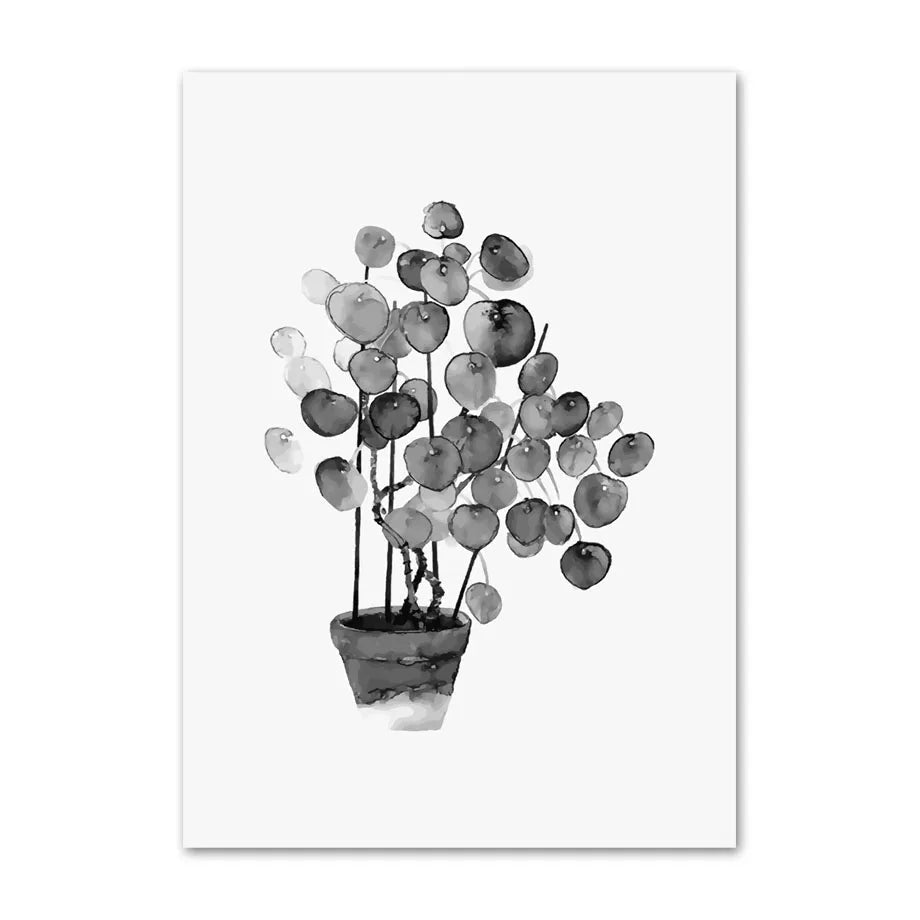 Black and white potted plant illustration on a white background