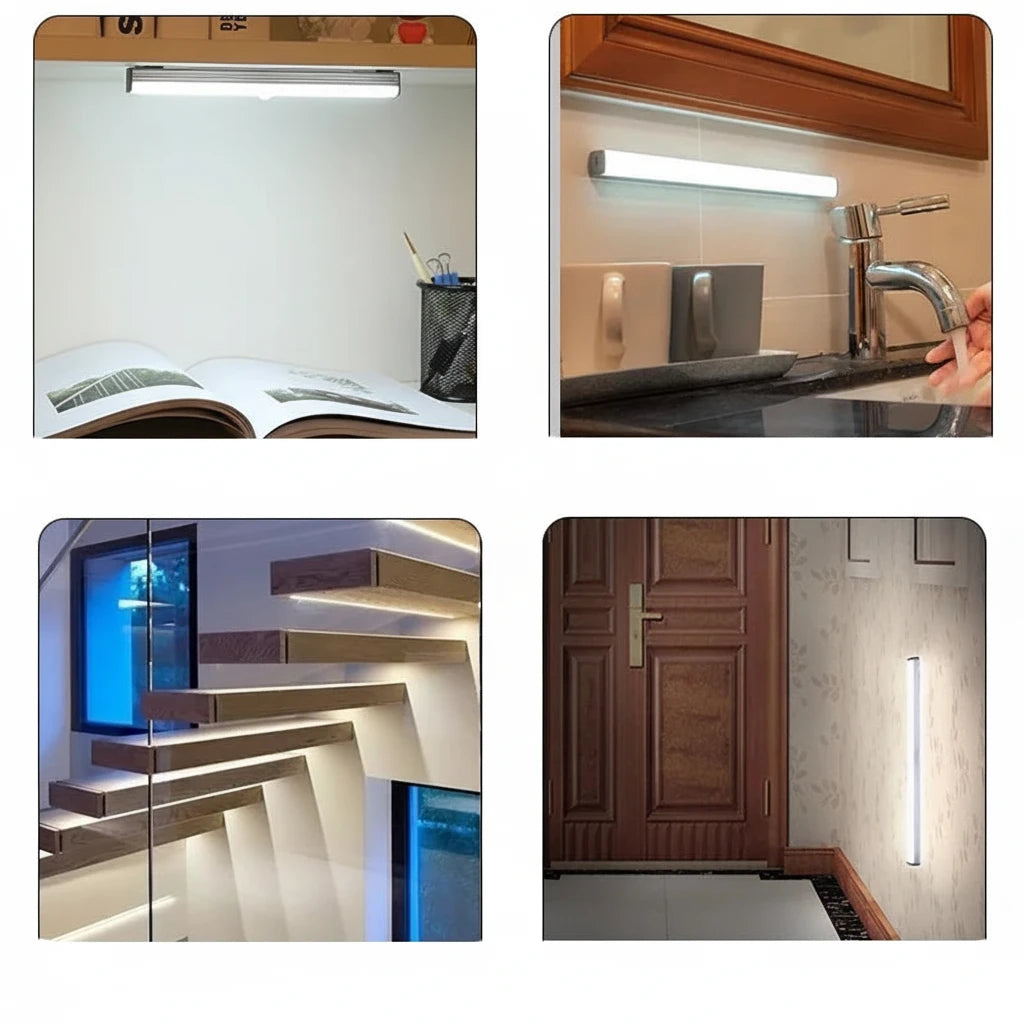 Collage of LED light strip used in various settings including a book, sink, staircase, and door.