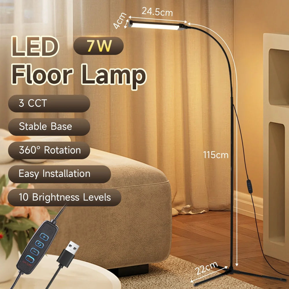 LED floor lamp with features listed in a home setting