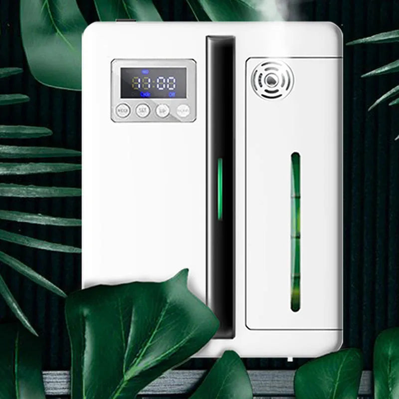 ultrasonic aroma diffuser with Bluetooth connection and 300m³ coverage, wall-mounted white design