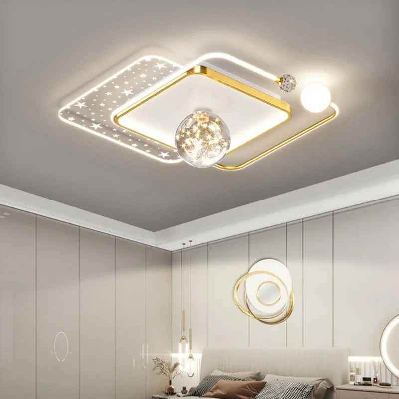 Gold square double-frame LED ceiling light with star acrylic panel and crystal accent, 52×52cm