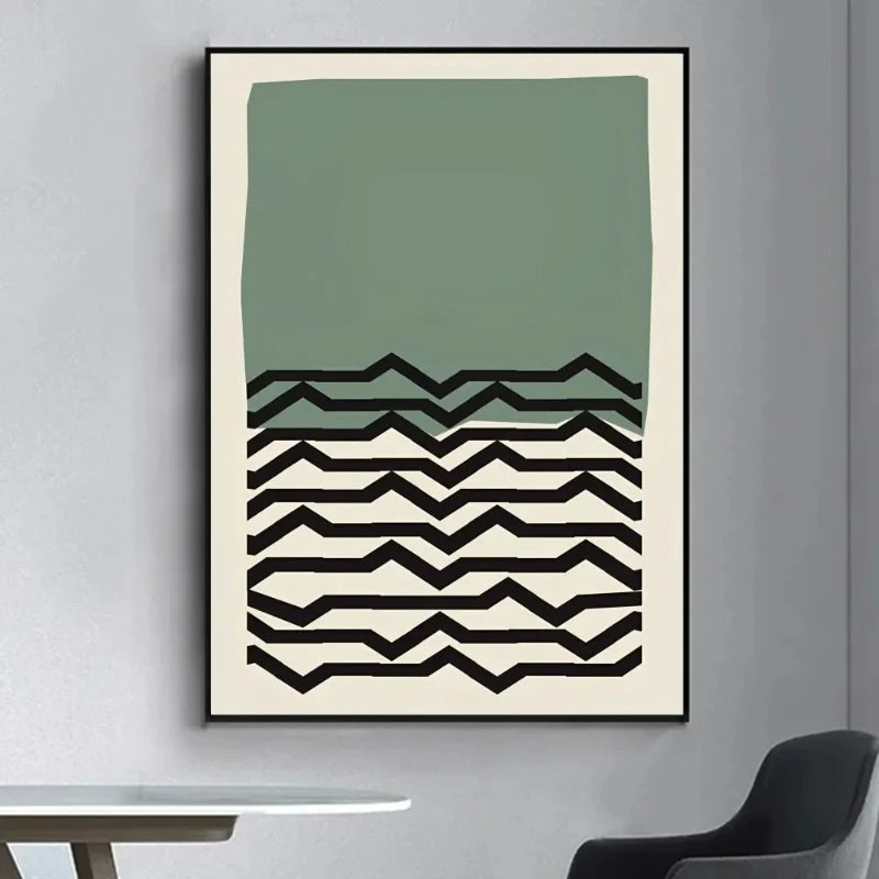 Graphic canvas print with sage green upper block and layered black zigzag line pattern