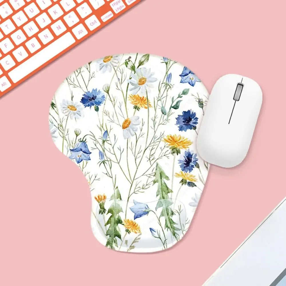 Floral mouse pad with a white mouse on a pink surface