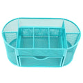 Turquoise mesh desk organizer with multiple compartments on a white background