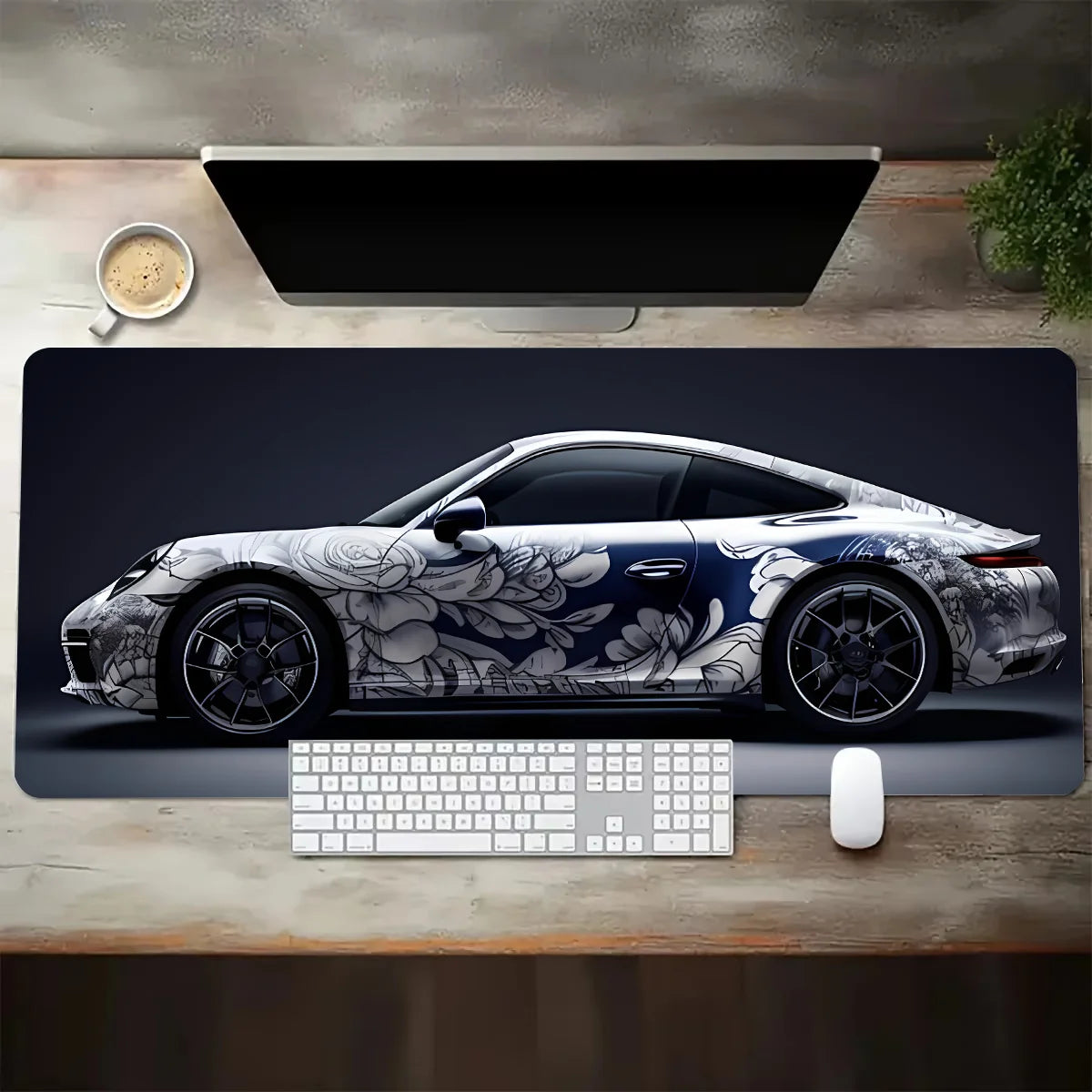 Blue sports car mouse pad with floral-inspired monochrome artwork