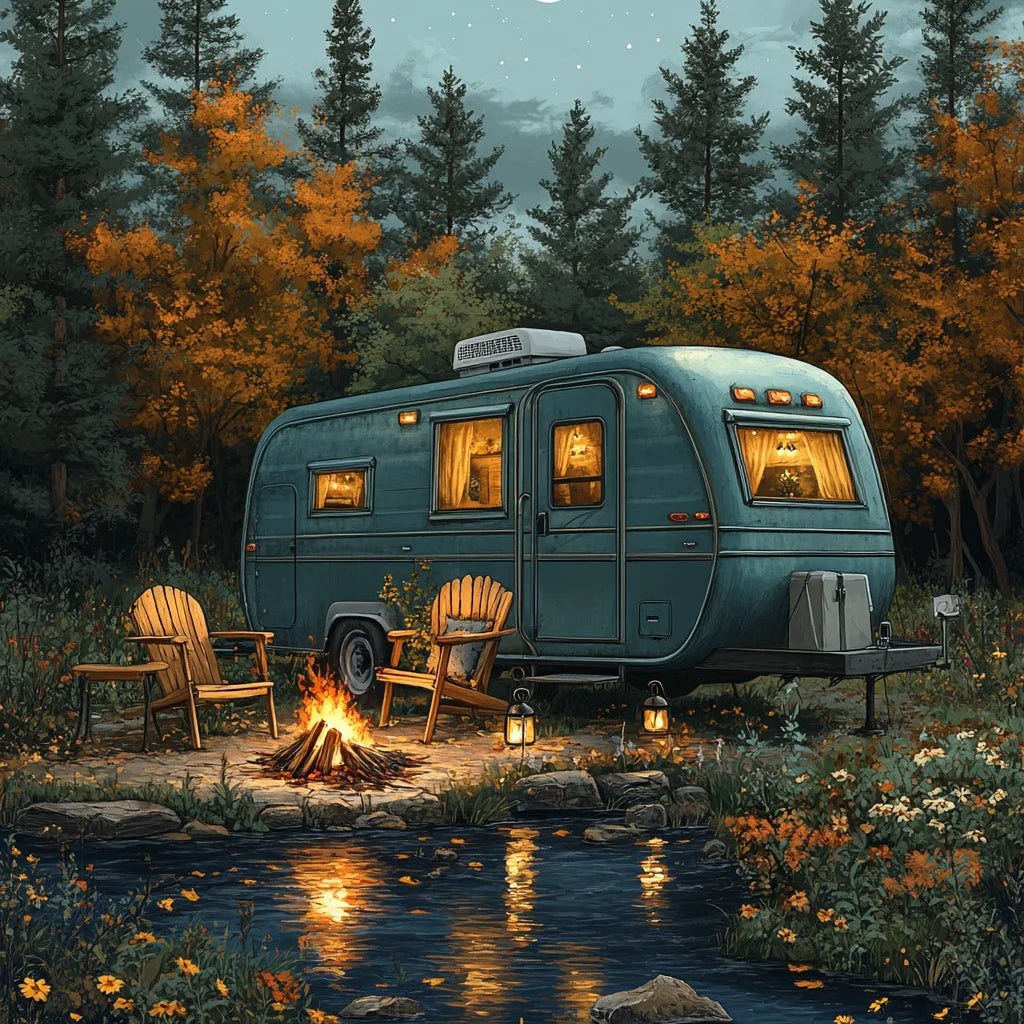 Autumn forest painting with a vintage teal camper parked by a campfire near a river.