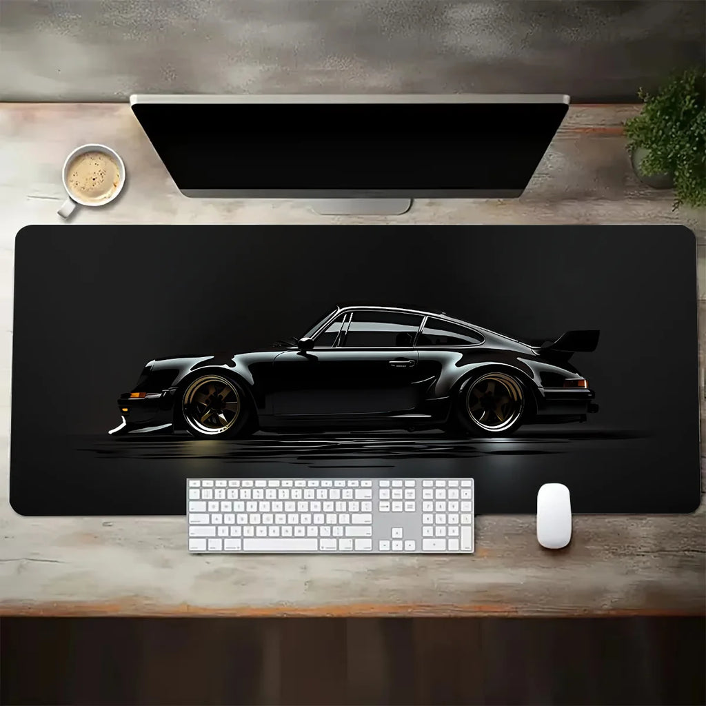 Black sports car mouse pad with dark monochrome performance styling