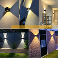 Collage of outdoor wall lights in various settings.