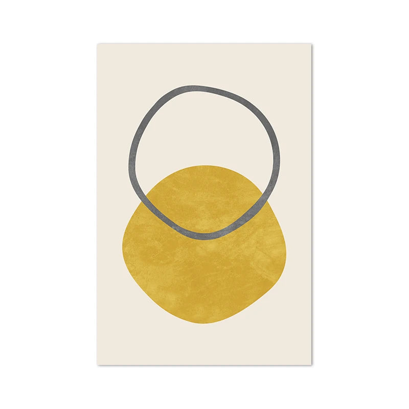 Geometric art print with a yellow circle and grey ring on a beige background