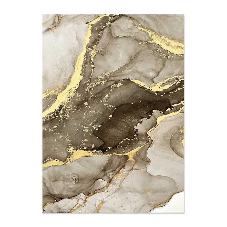 Warm taupe abstract canvas print with layered marble-inspired detail and gold-effect finish