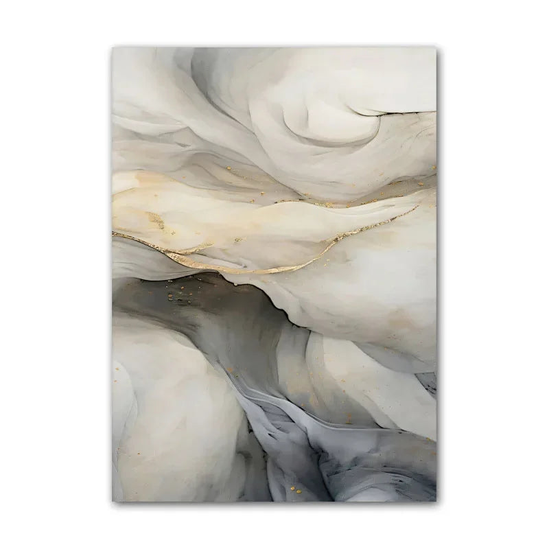 Abstract marble-effect canvas print with dark grey fluid swirls and gold-flecked details.