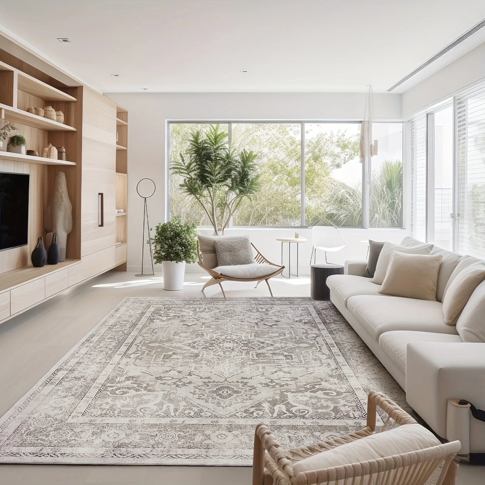 Silver grey vintage-style area rug in a modern minimalist living room with natural wood shelving and white sofa
