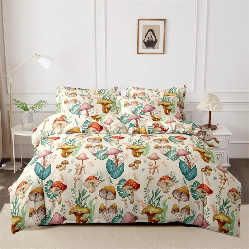 Woodland mushroom print duvet cover set with matching pillowcases in a bright bedroom.