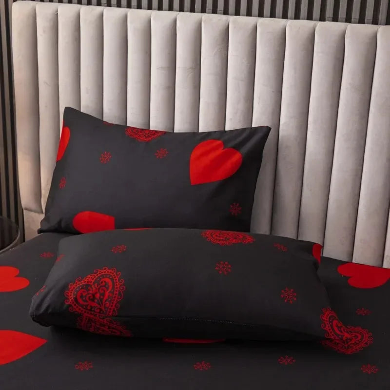 Black bedding set with red heart print and matching pillowcases