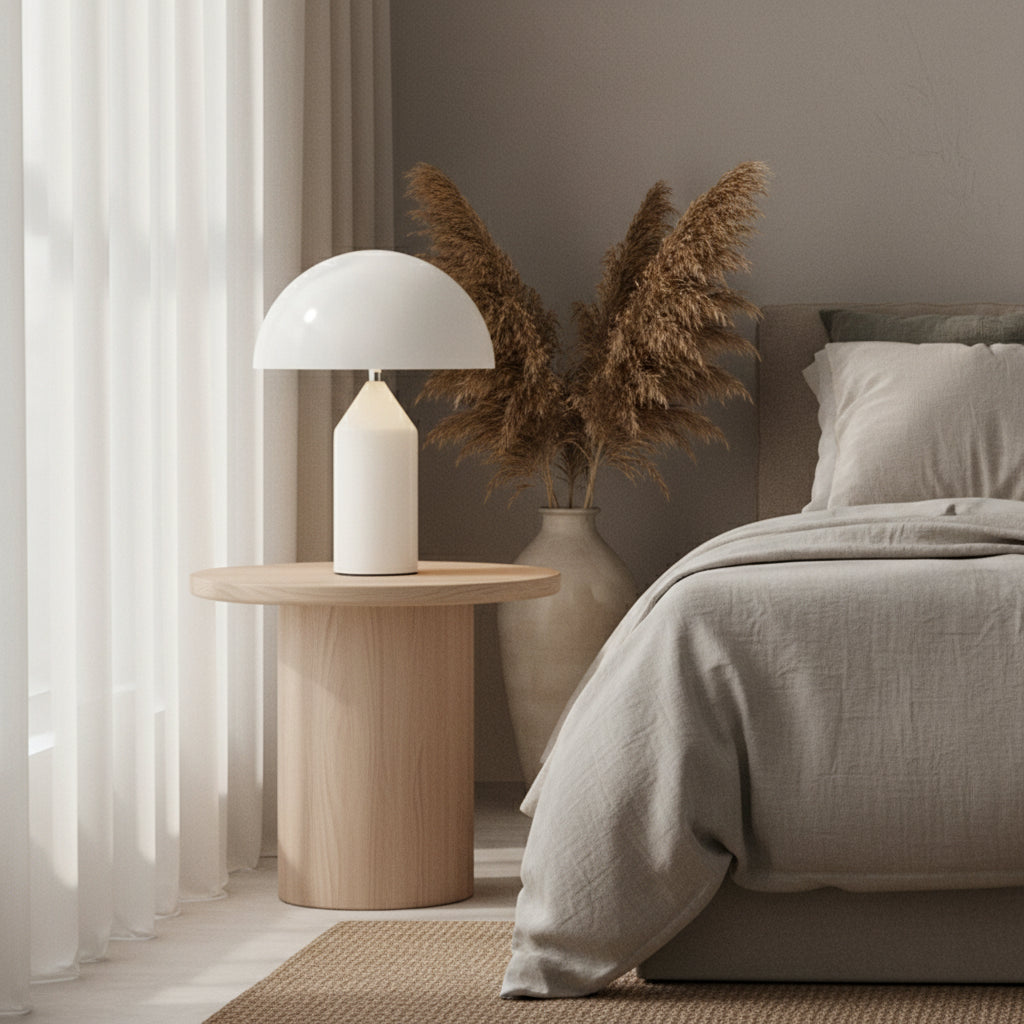 White table lamp on a side table next to a sofa with cushions.