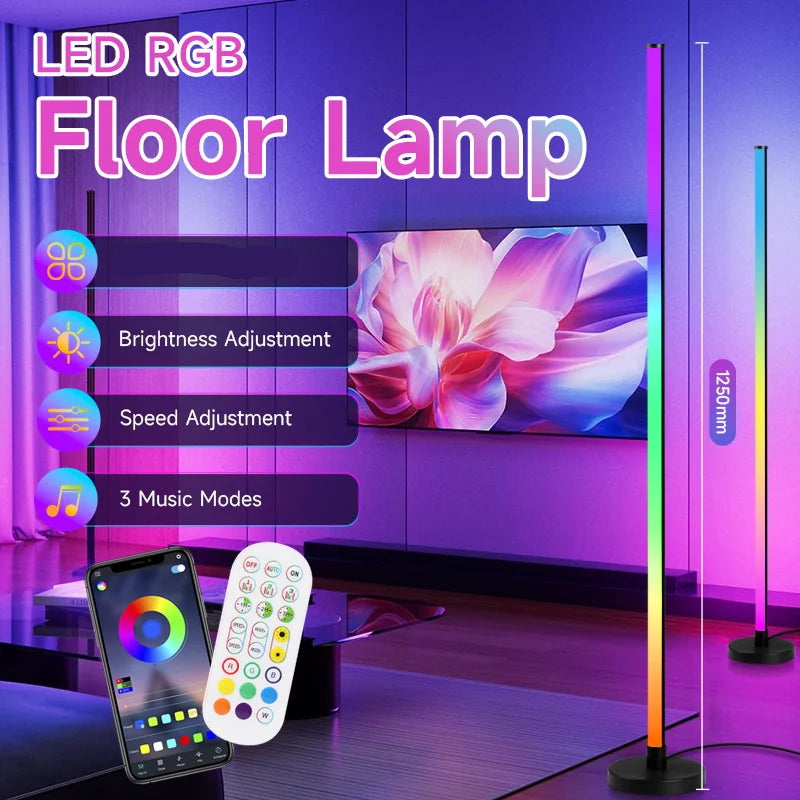 LED RGB floor lamp with smartphone app and remote control, showing color-changing capabilities.