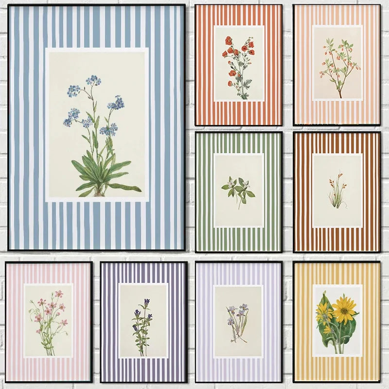 Set of nine framed botanical prints with striped borders on a wooden panel background.