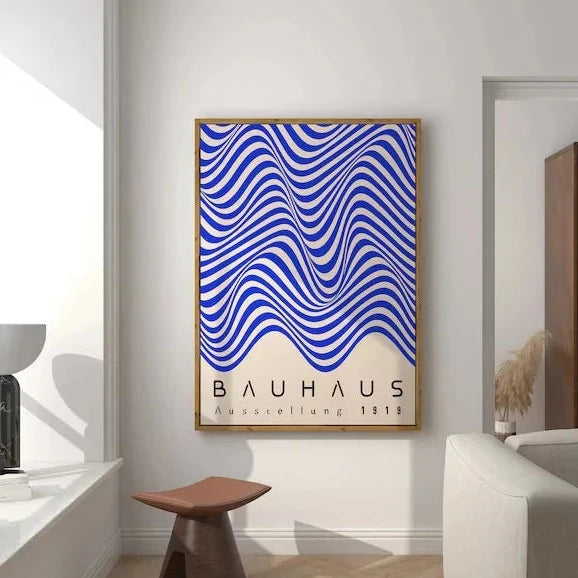 Bauhaus abstract poster with cobalt blue wavy stripe design on a cream background