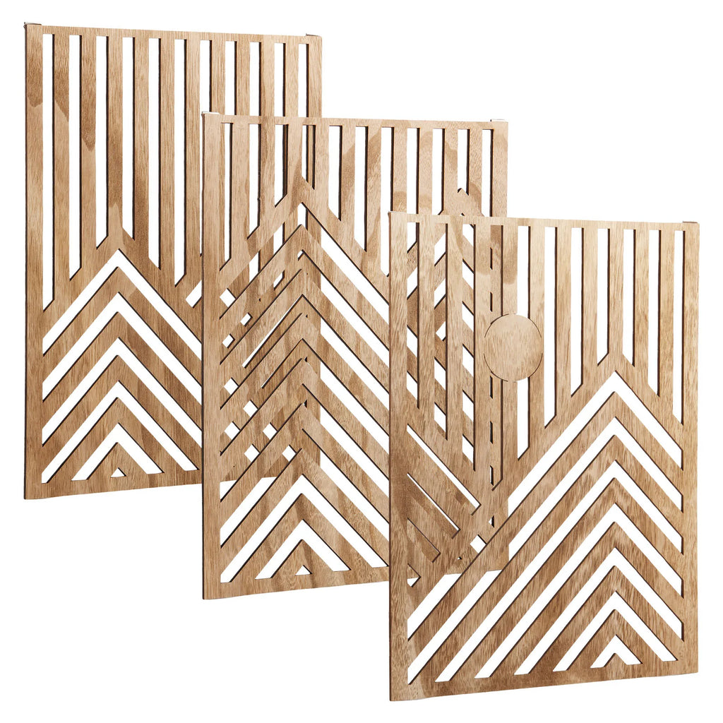 Wooden pet gate with geometric design on a white background