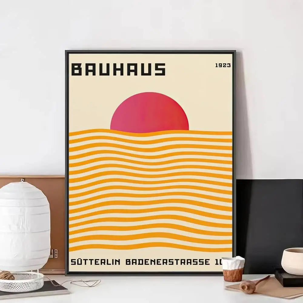Bauhaus abstract print with a pink sun above flowing yellow wave lines on a neutral background.