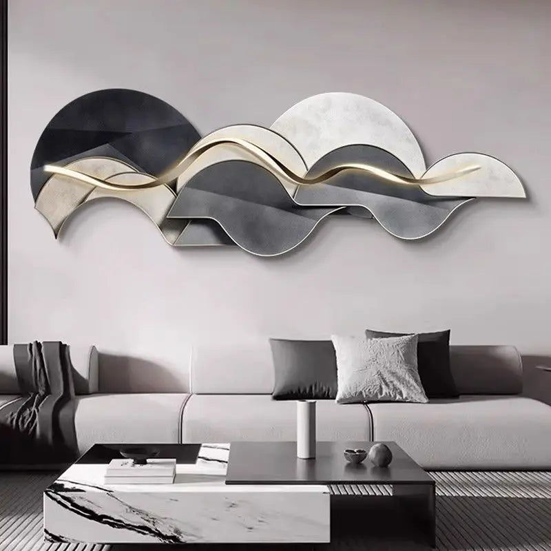 Large sculptural LED wall light with warm backlit glow and wave-inspired abstract design