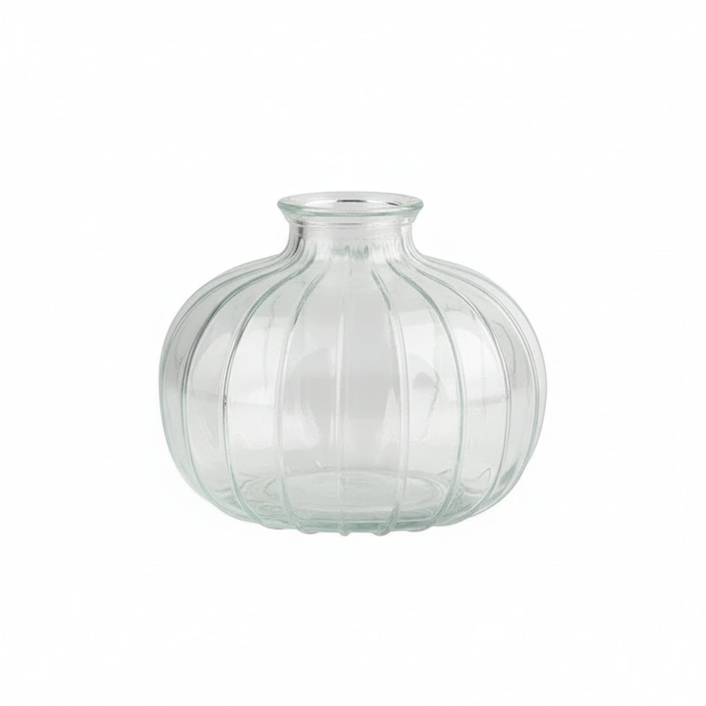 Clear glass vase with dimensions labeled on a white background