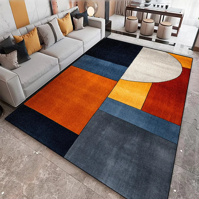 Dark geometric rug featuring orange, navy, and cream colour-block design with a semicircle motif in a living room setting