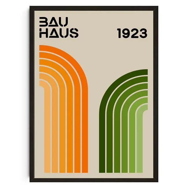 Poster with 'BAUHAUS 1923' text and orange and green arches on a beige background.