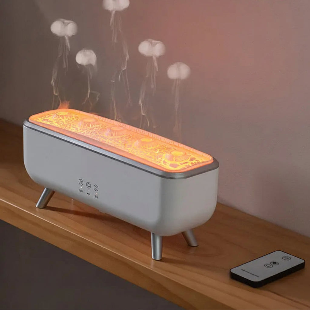 A dynamic aromatherapy diffuser releasing jellyfish-style mist with a remote control beside it