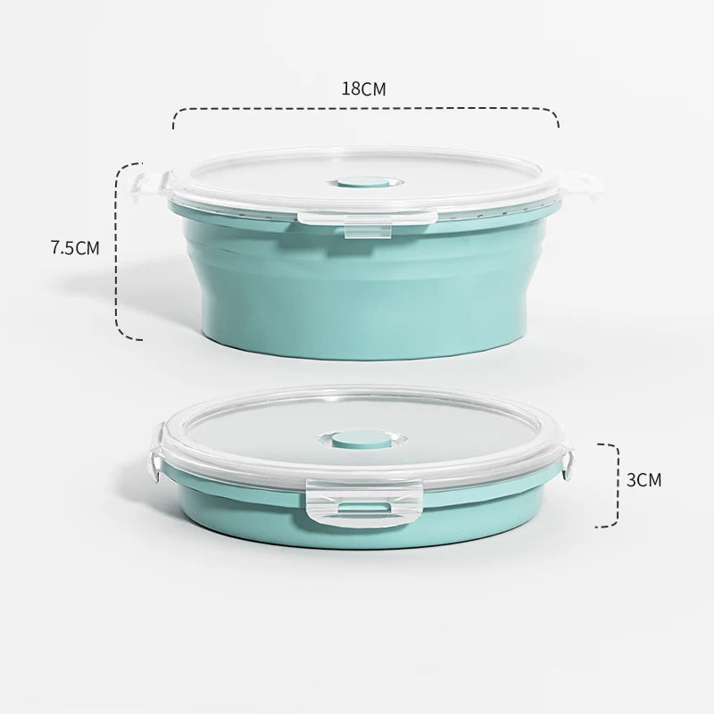 1200ml Sky Blue Round: Sky blue round 1200ml collapsible silicone food container with clear lid, shown expanded and folded