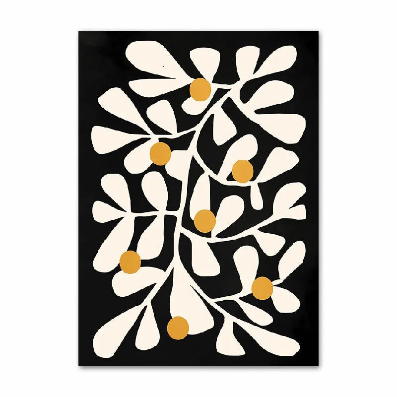 Abstract design with white and gold shapes on a black background