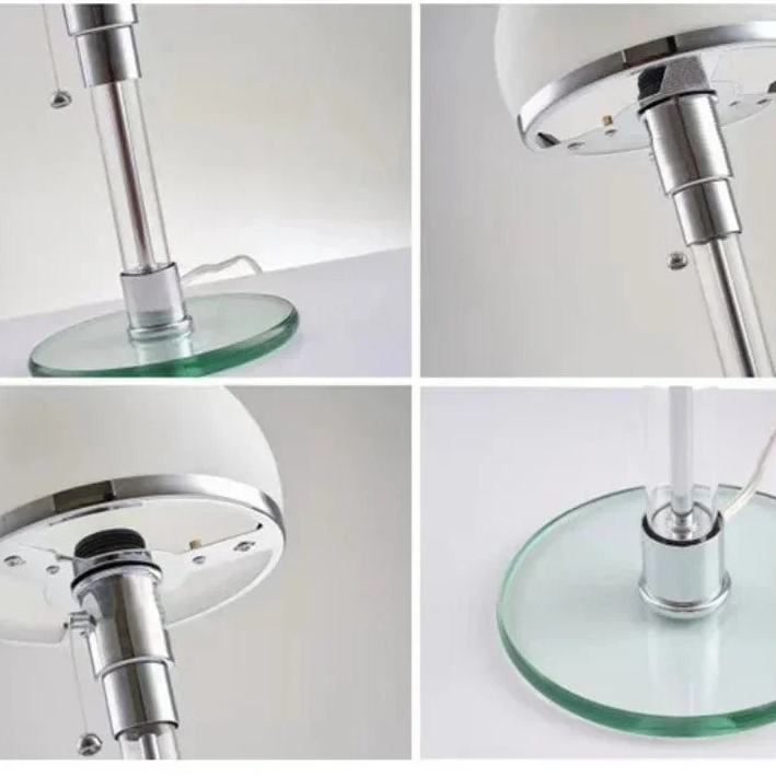 Detailed collage of chrome stem, frosted glass shade, and clear glass base on a table lamp