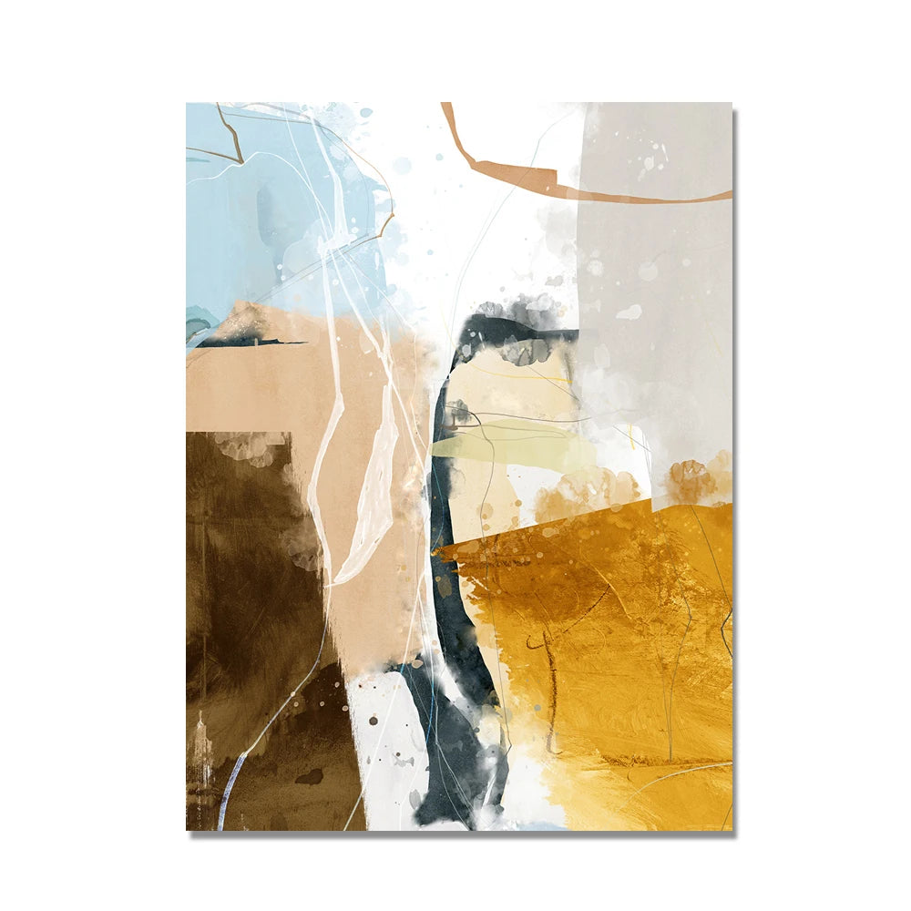 Abstract art print with brown, beige, and gold colors on a white background