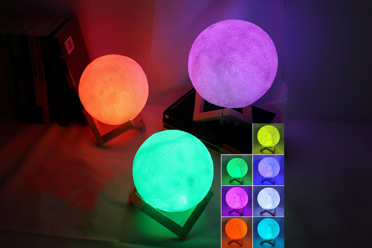 Moon night light with RGB color-changing capabilities on a stand.