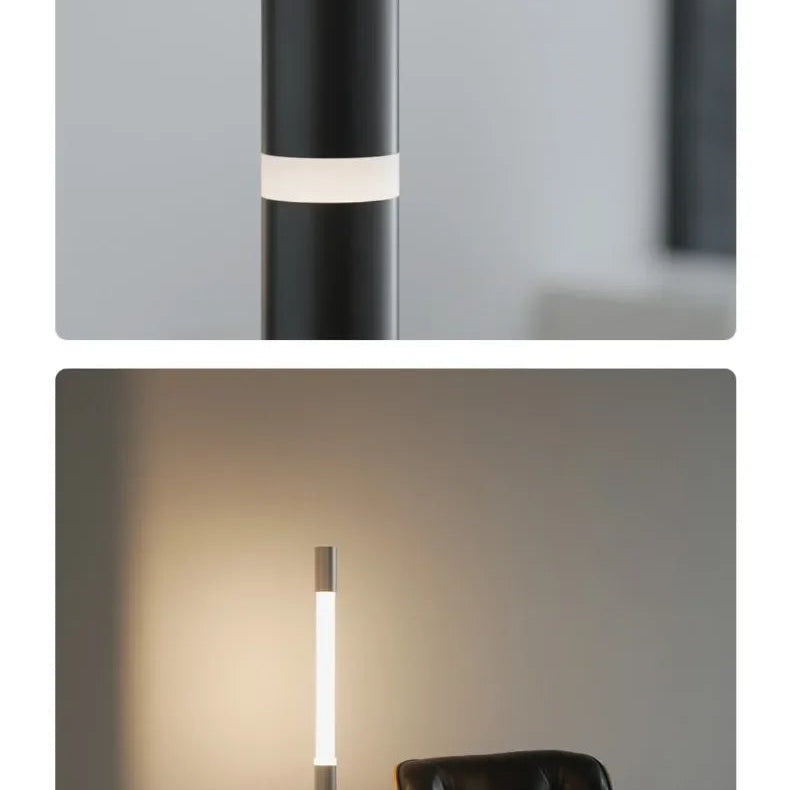 Modern floor lamp with a black and white design, shown on a plain background and in a room setting.