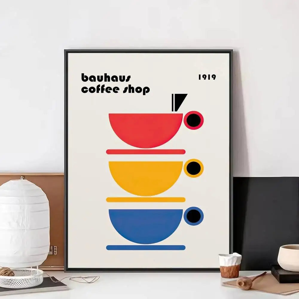 Bauhaus-style canvas print featuring three stacked coffee cup graphics in red, yellow, and blue.