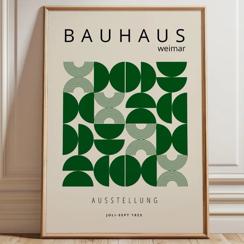 Green Bauhaus abstract print with circular and half-circle geometric pattern on cream canvas