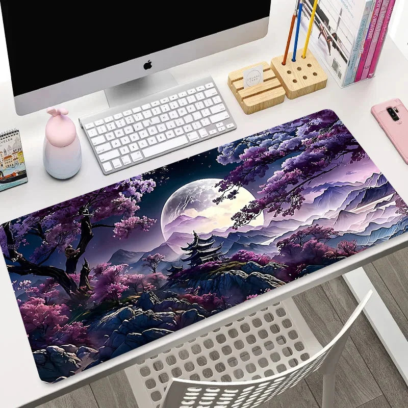 Large mouse pad featuring purple cherry blossom trees and a full moon over a mountain pagoda, flat and rolled