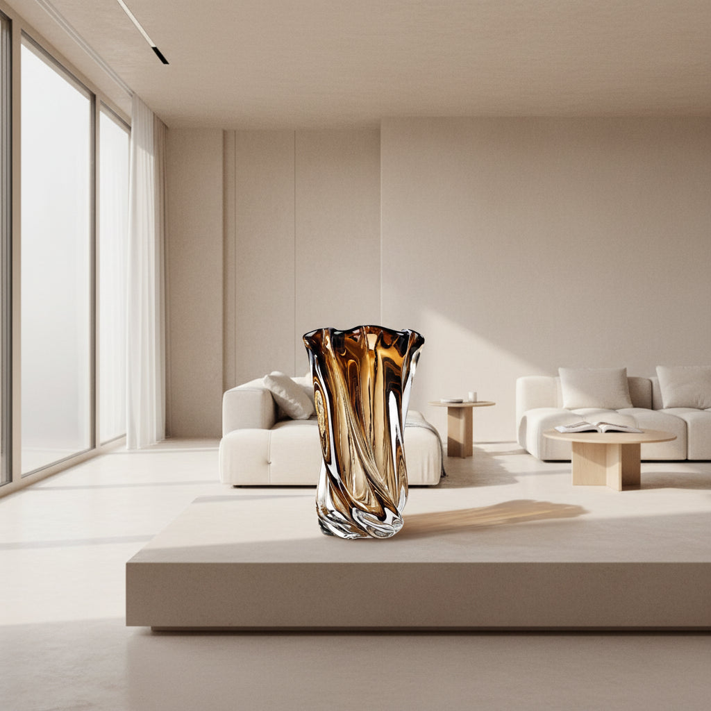 Decorative glass vase with a swirling design on a white background
