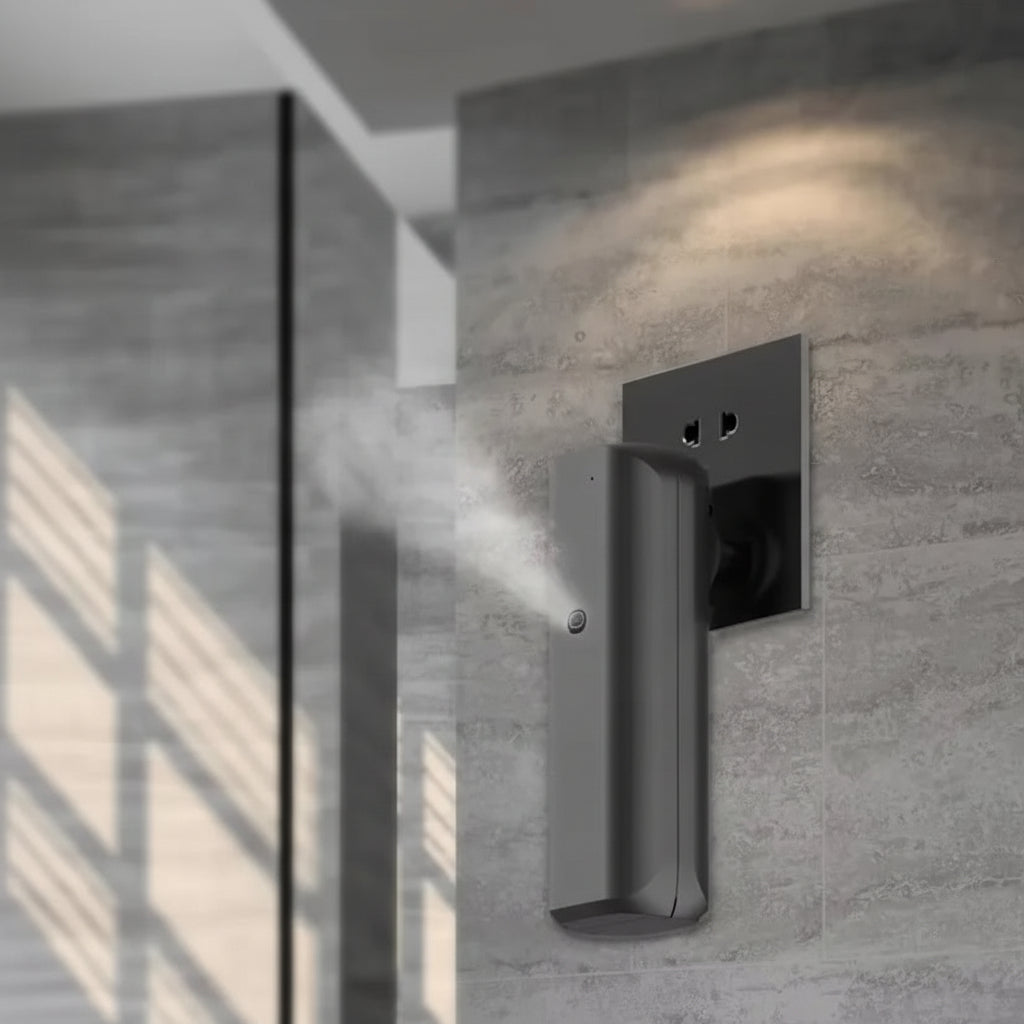 Black wall-mounted essential oil diffuser in a modern bathroom setting