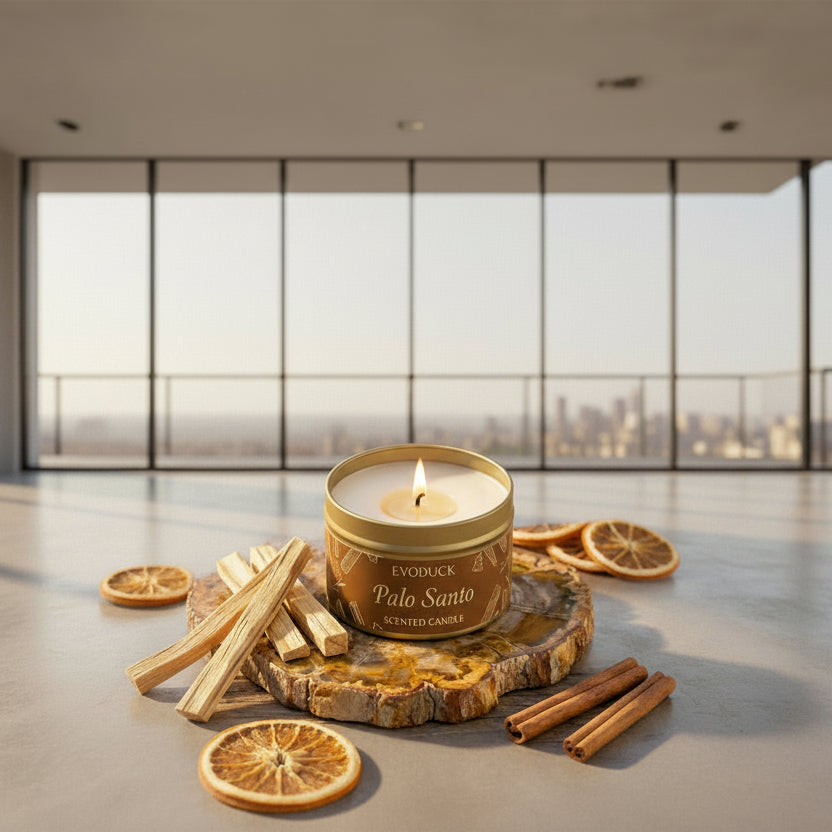 Palo Santo scented candle in a decorative container with natural elements on a wooden surface.