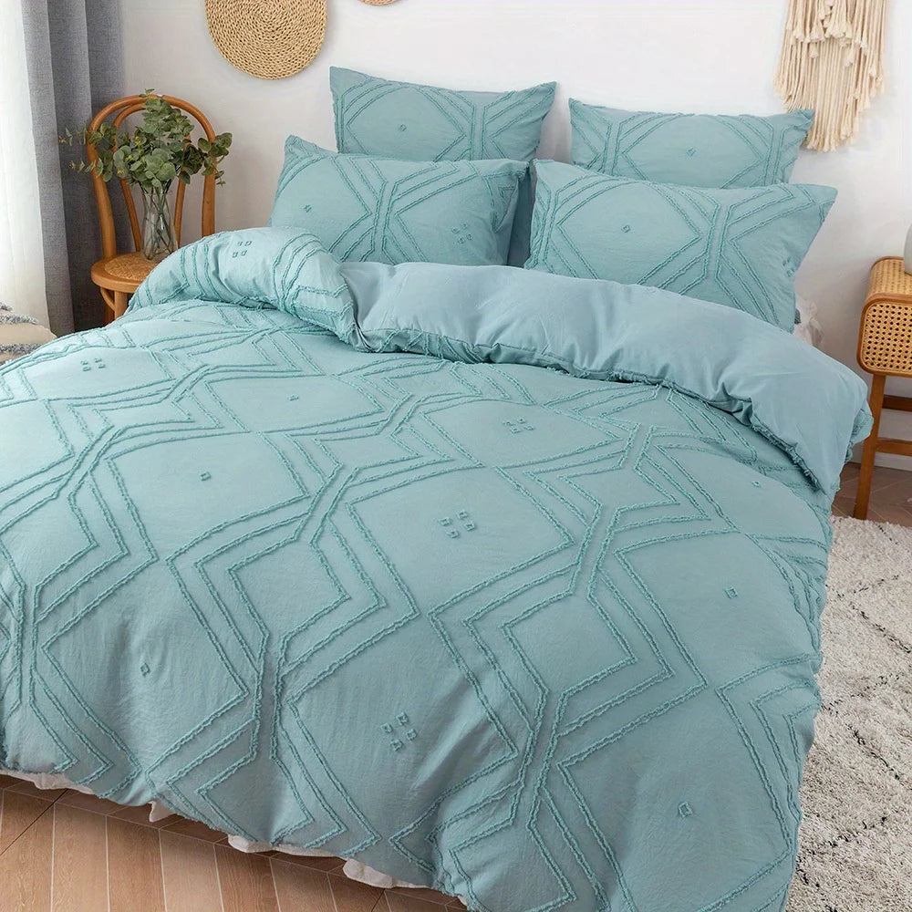 Textured Geometric Duvet Cover Set – Minimalist Polyester Bedding with Zip Closure