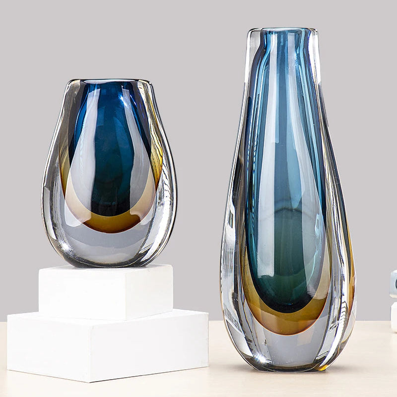 Modern Gradient Glass Decorative Vase – Sculptural Blue & Amber Glass Home Décor