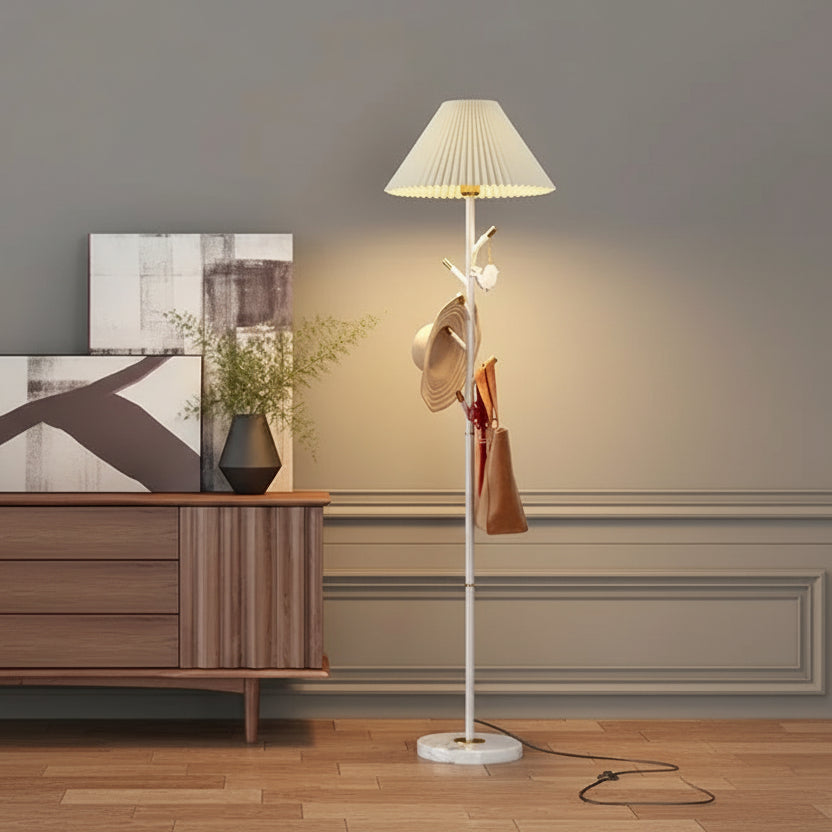 White LED coat stand floor lamp with fabric lampshade