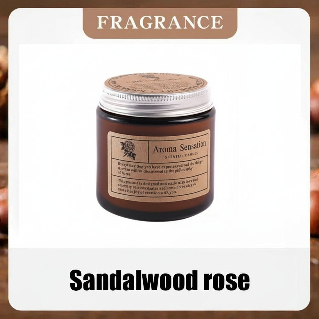Aroma Sensation scented candle jar with sandalwood rose fragrance description on a white background