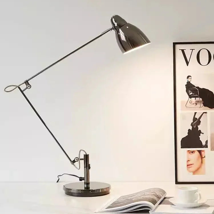 Adjustable aluminium desk lamp with long arm, brushed dark metallic finish, 80cm height, 70cm reach, 19cm base